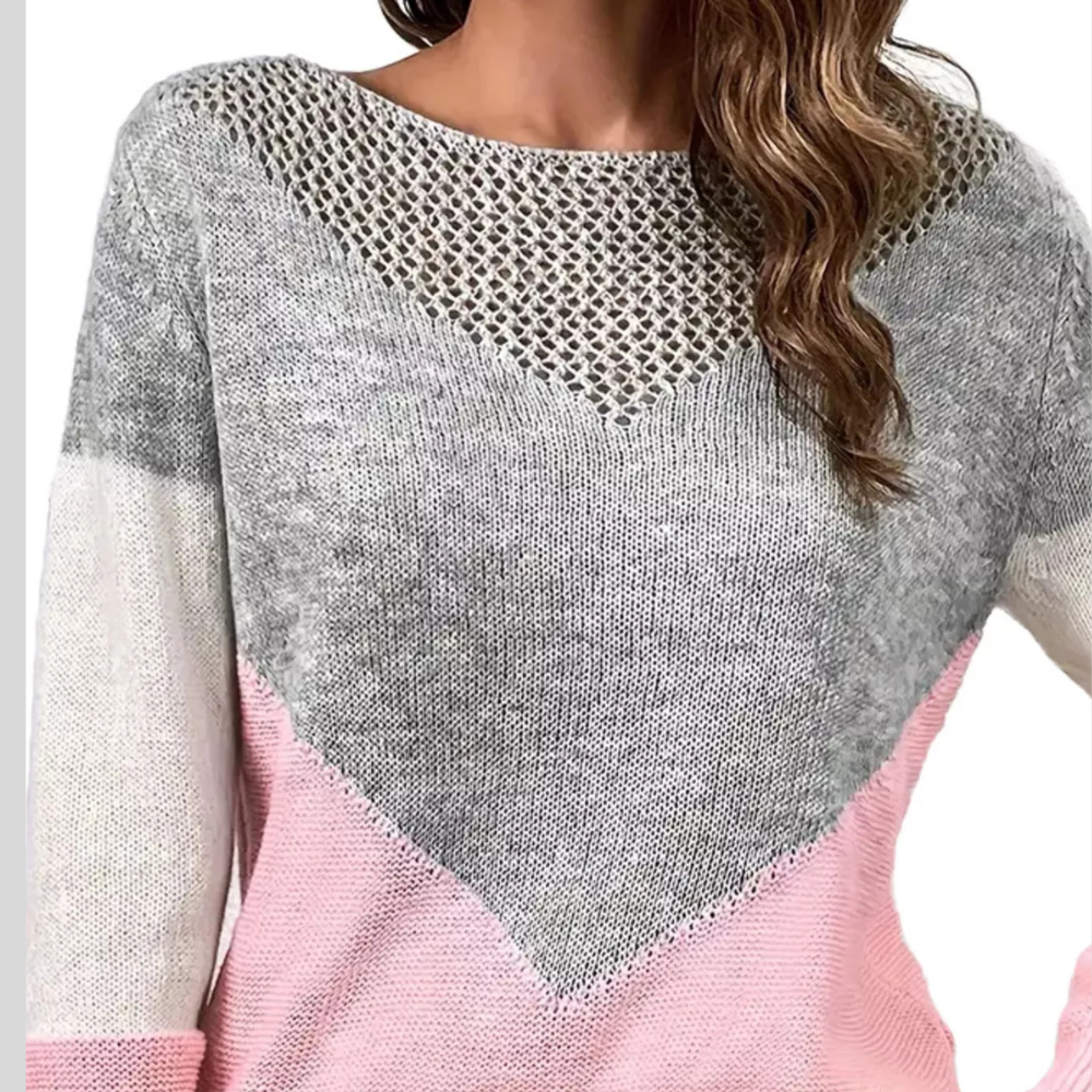 Openwork Color Block Long Sleeve Sweater