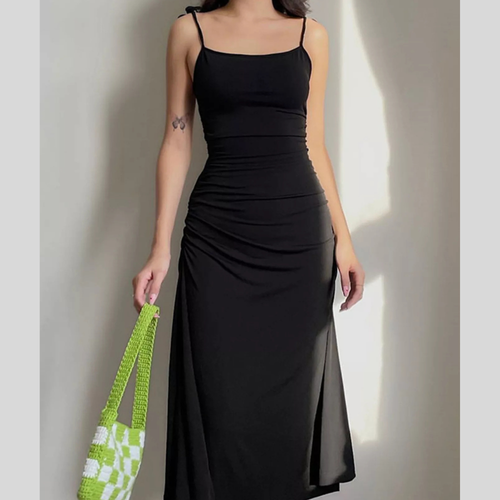 Ruched Tie Shoulder Midi Dress