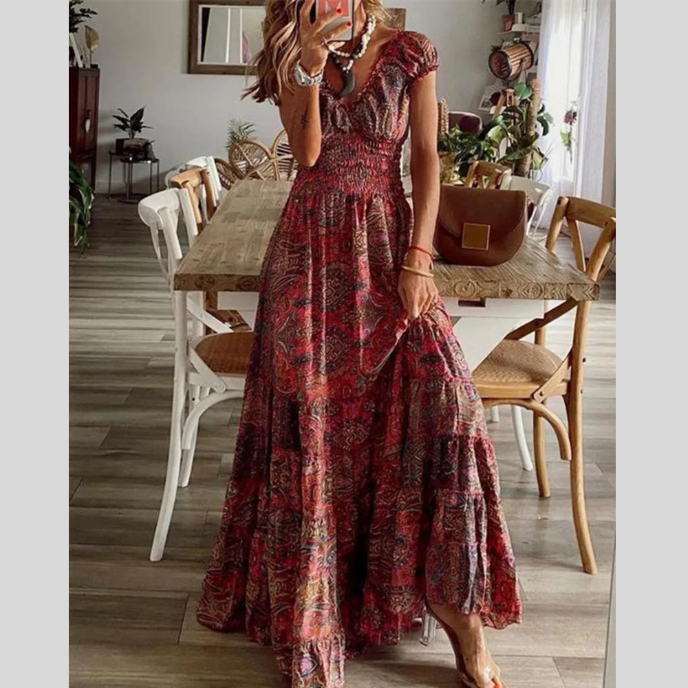 Full Size Smocked Printed V-Neck Short Sleeve Dress