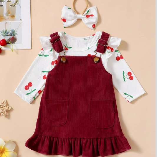 Children's Cherry Print Bodysuit and Corduroy Dress Set