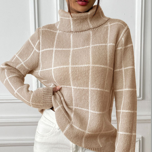 Plaid Turtleneck Long Sleeve Sweater