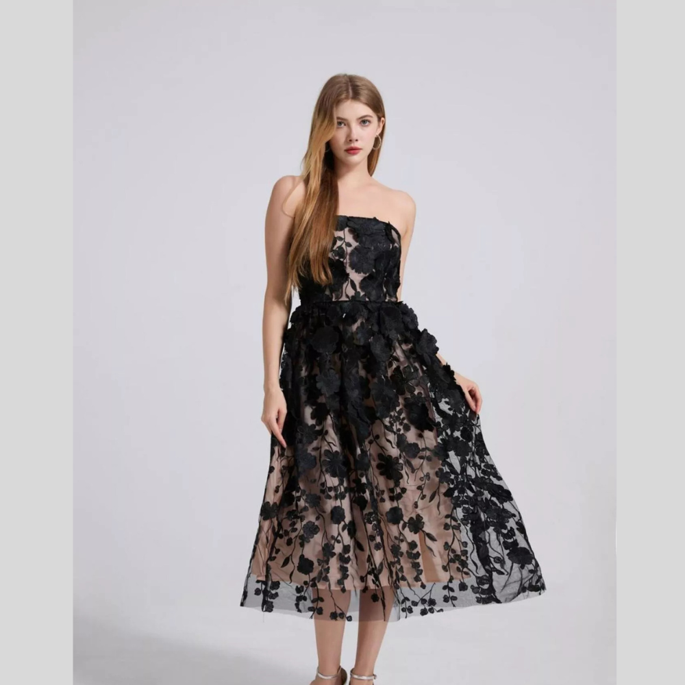 Floral Applique Strapless Midi Dress