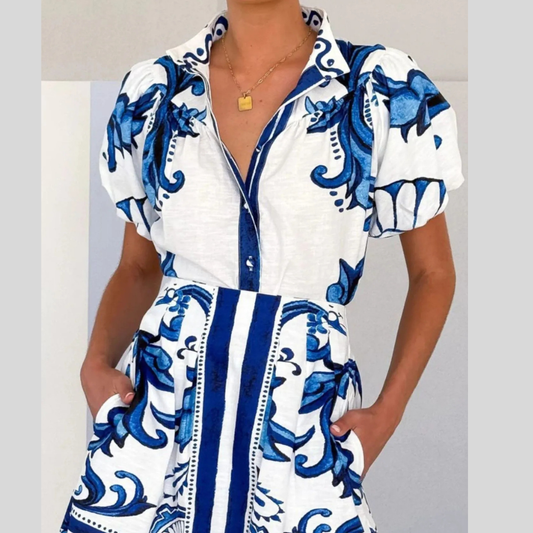 Puff Sleeve Printed Top and Zip Back Skirt Set