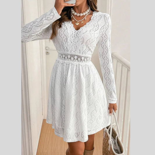 Lace Detail V Neck Long Sleeve Mini Dress