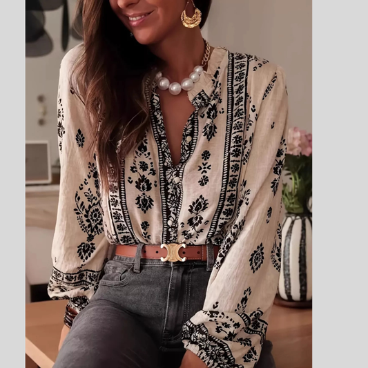 Vintage-Inspired Print Long Sleeve Button-Up Shirt