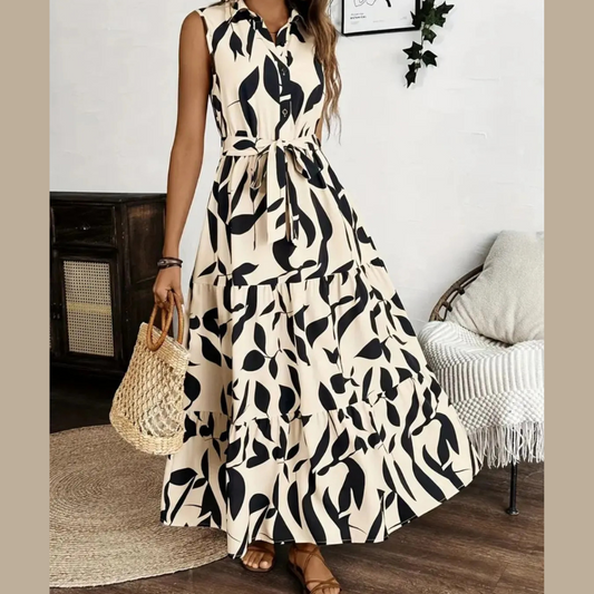 Printed Tie Waist Sleeveless Maxi Dress
