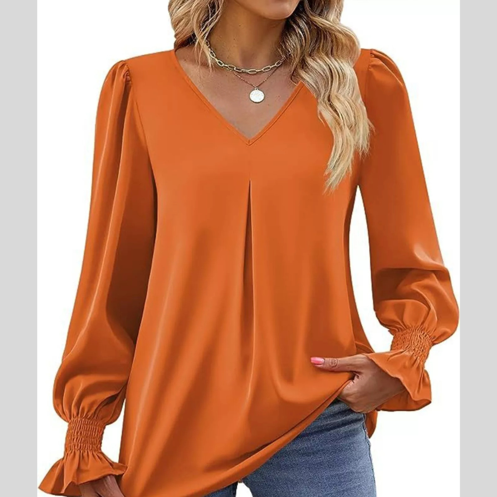 V-Neck Long Sleeve Ruffle Cuff Blouse