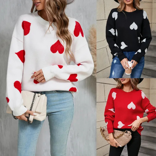 Love Little Peach Heart Plus Size Sweater Round Neck Knitted Pullover For Women