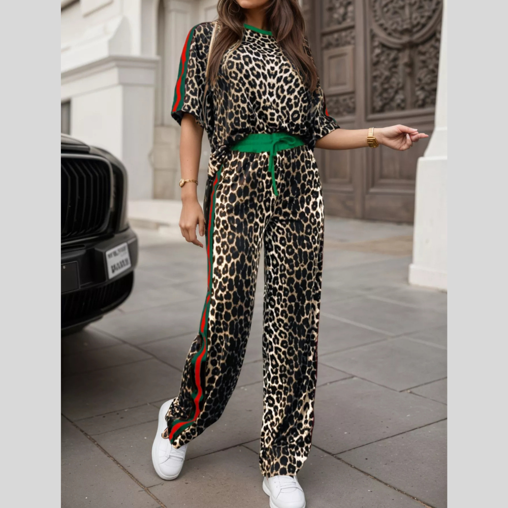 Leopard Round Neck Top and Pants Two-Piece Set