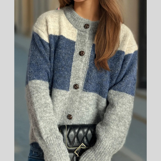Color Block Round Neck Button Up Cardigan