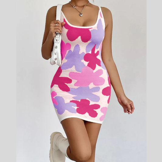 Floral Knit Scoop Neck Mini Dress