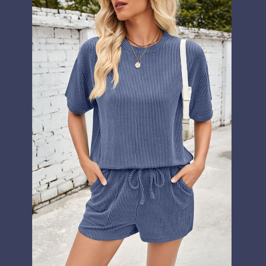 Lovelet Round Neck Half Sleeve Top and Drawstring Shorts Set