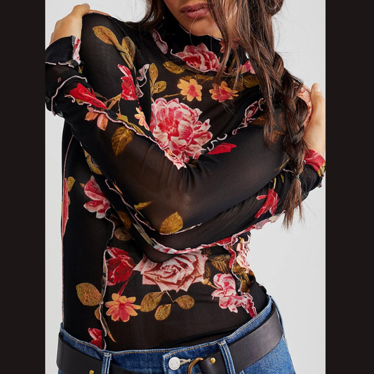 Elegant Floral Mock Neck Long Sleeve Top