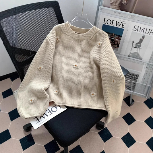 Loose And Lazy Style High-grade Korean Style Vintage Embroidered Flower Pullover Sweater