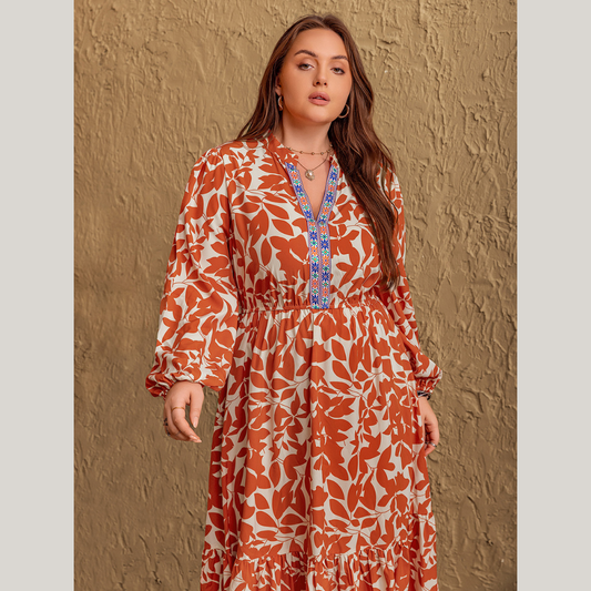 Plus Size Printed Notched Long Sleeve Maxi Dress
