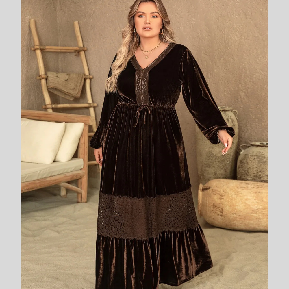 Plus Size V-Neck Balloon Sleeve Maxi Dress