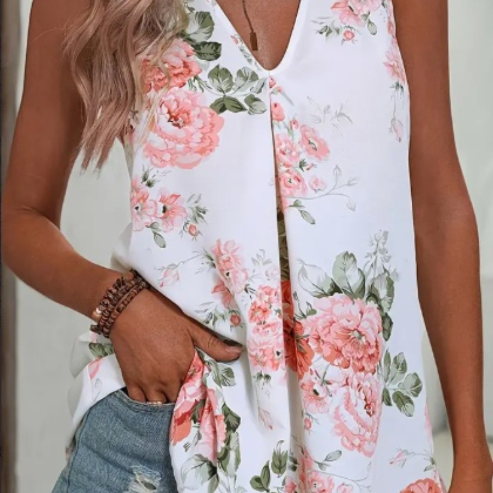 Floral Print V Neck Tank Top, Elegant Sleeveless Top For Spring & Summer, Women's Clothing