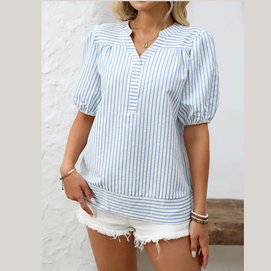 Striped Notched Puff Sleeve Blouse