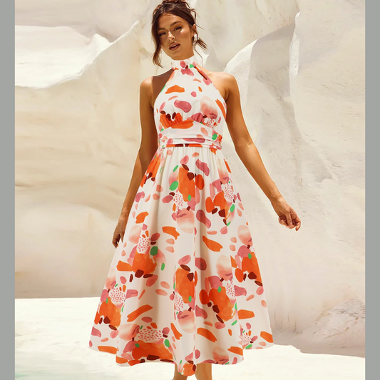 Ruched Printed Halter Neck Dress