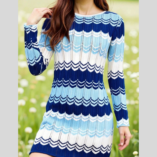 Openwork Wave Pattern Long Sleeve Sweater Dress