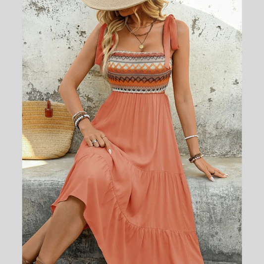 Tie Shoulder Square Neck Tiered Midi Dress