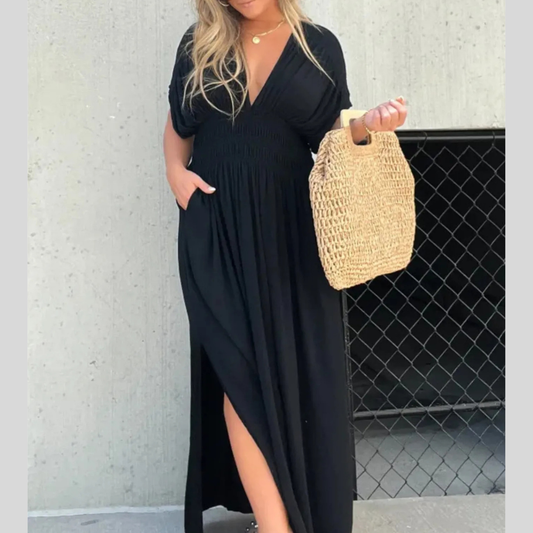 Full Size Deep V-Neck Maxi Dress with Side Slit Plus Size