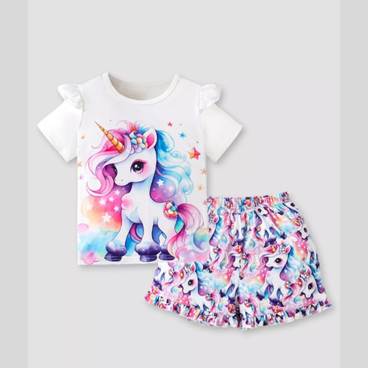 Children's Unicorn Print Ruffle Sleeve Top and Shorts Set