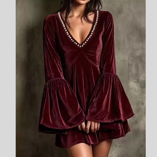 Full Size Velvet Bell-Sleeve Mini Dress with Pearl Embellished V-Neck Plus Size