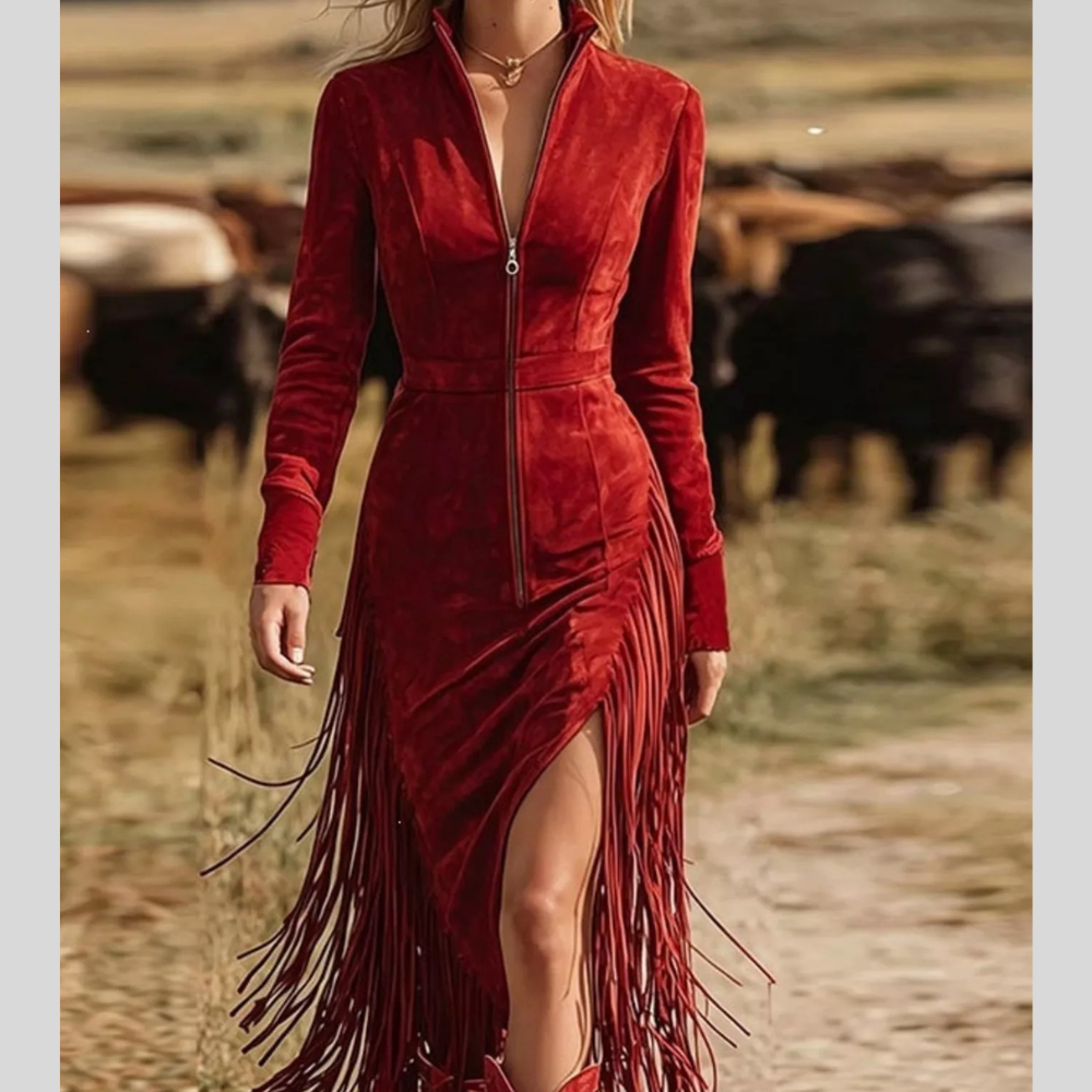 Fringe Zip-Front Midi Dress