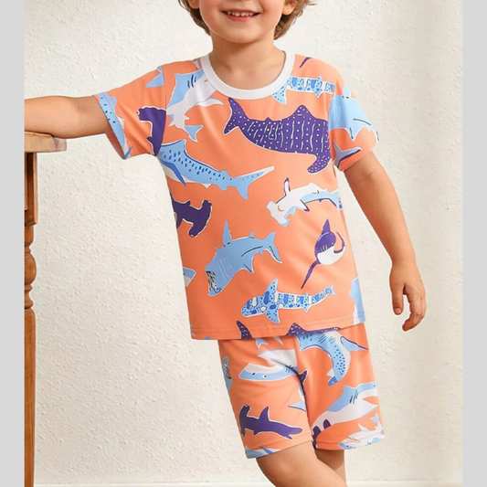 Children's Shark Print Casual Tee and Shorts Set