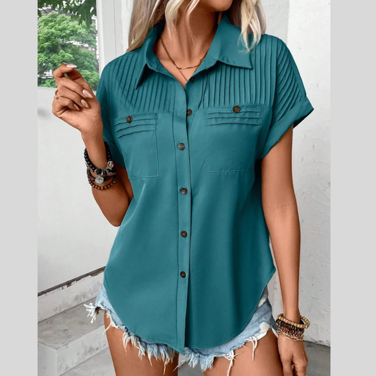 Pleated Detail Collared Neck Short Sleeve Shirt