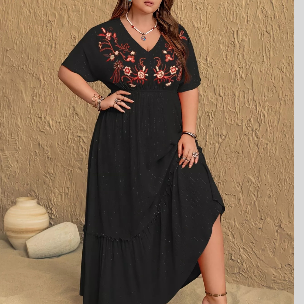 Plus Size Embroidered V-Neck Maxi Dress