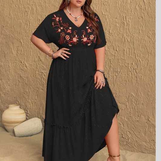 Plus Size Embroidered V-Neck Maxi Dress