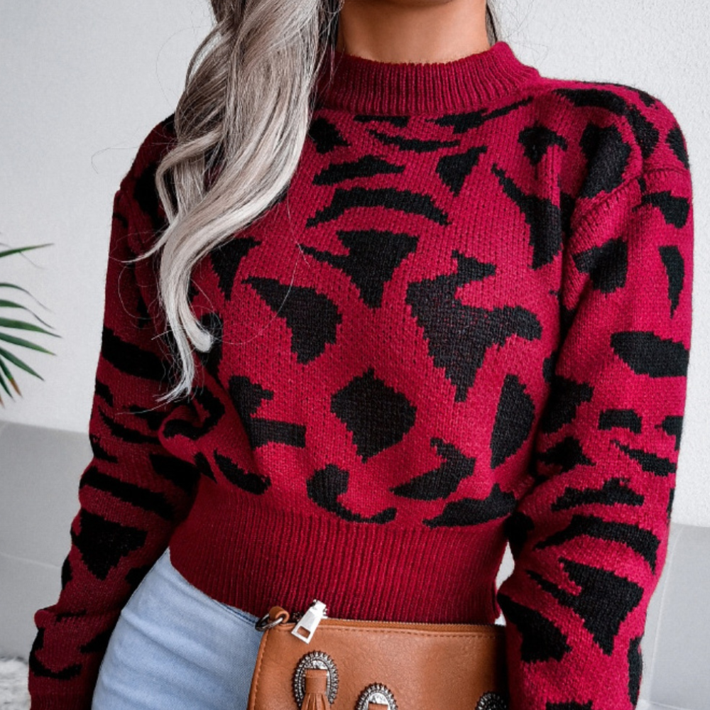 Leopard Round Neck Dropped Shoulder Sweater