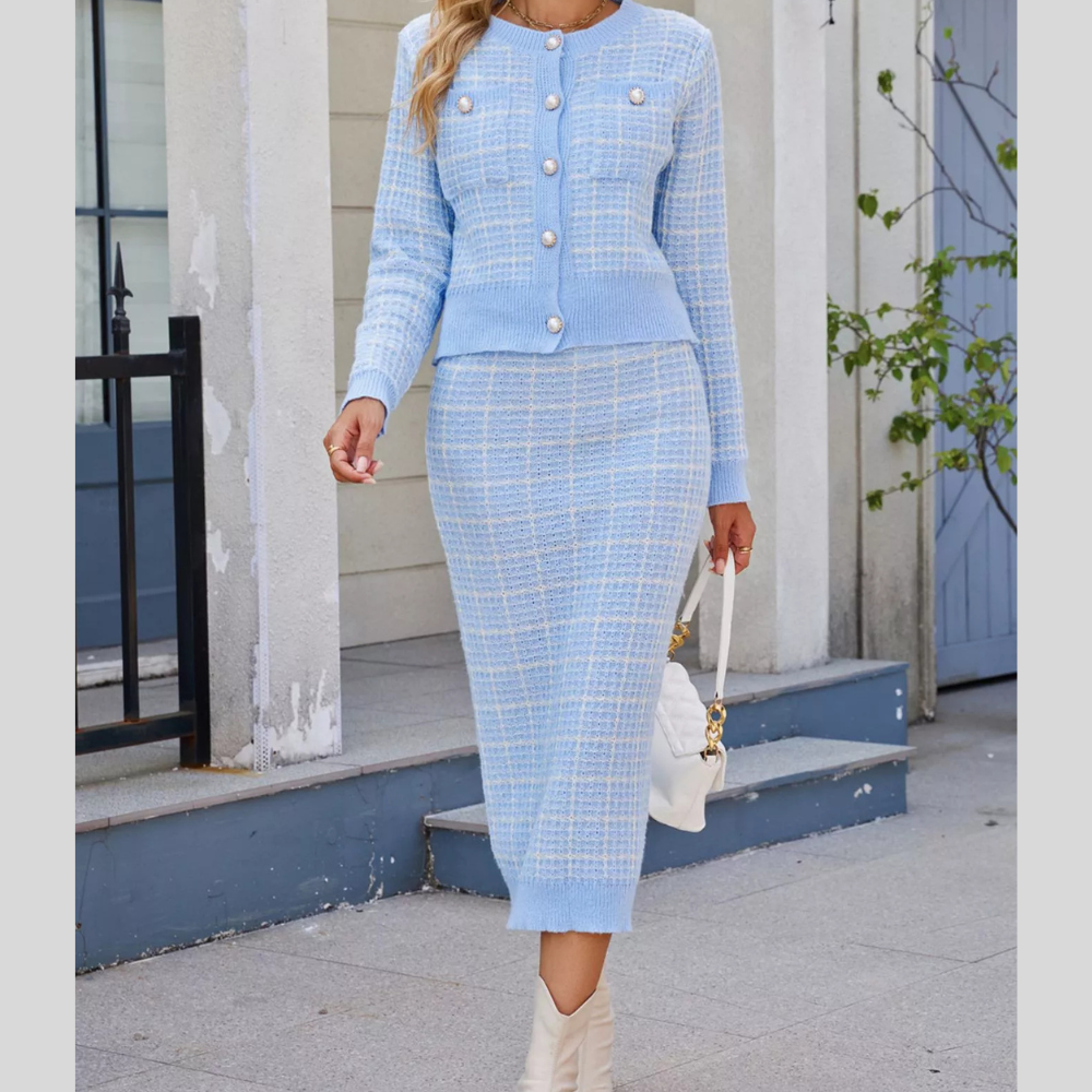 Plaid Knit Cardigan and Midi Skirt Sweater Set