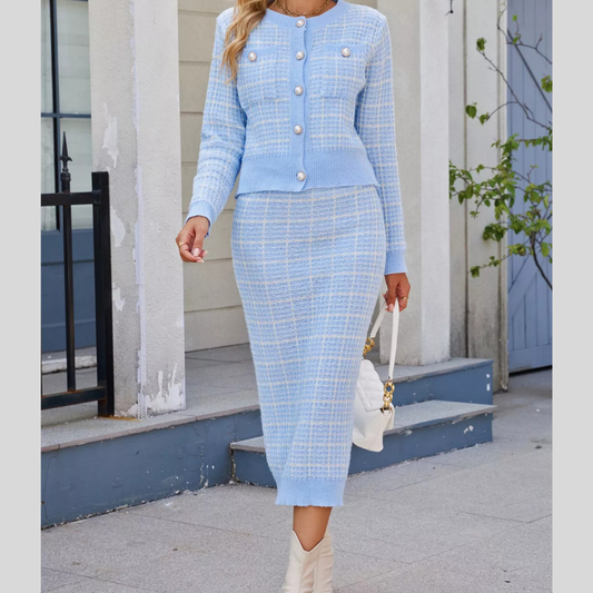 Plaid Knit Cardigan and Midi Skirt Sweater Set