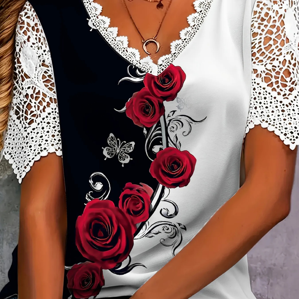 Full Size Printed Lace Sleeve V-Neck T-Shirt Plus Size