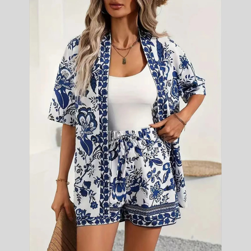 Printed Open Front Cardigan and Shorts Set