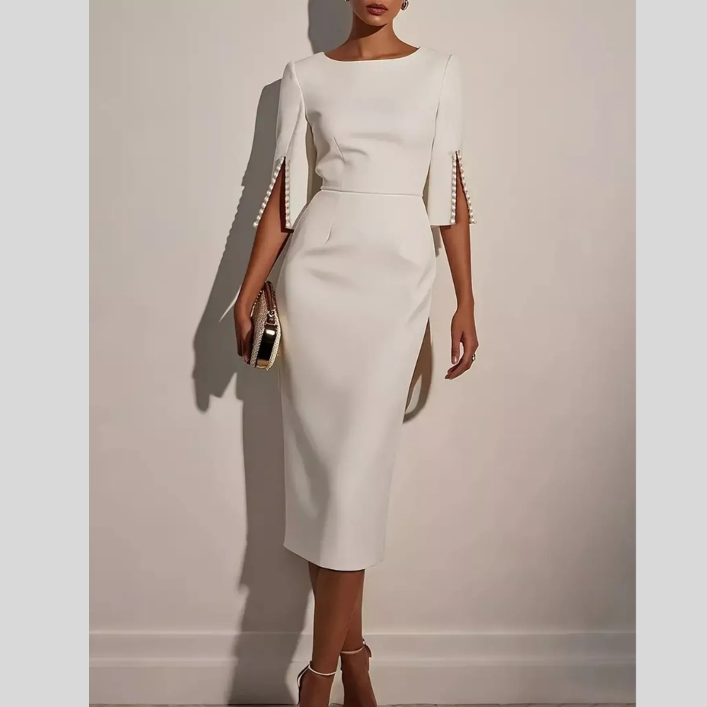 Slim-Fit Elegant Midi Dress with Beaded Slit Sleeve