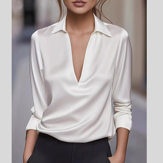 Satin Johnny Collar Long Sleeve Blouse