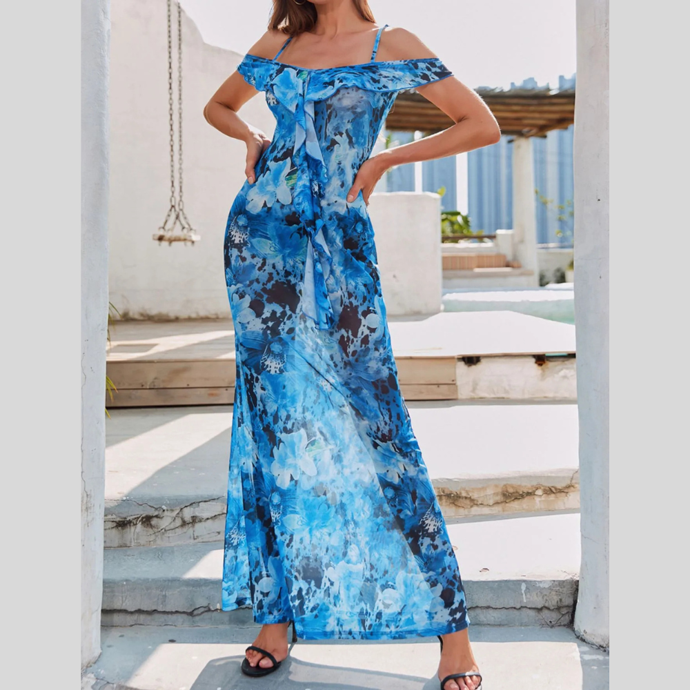 Ruffled Floral Print Maxi Dress