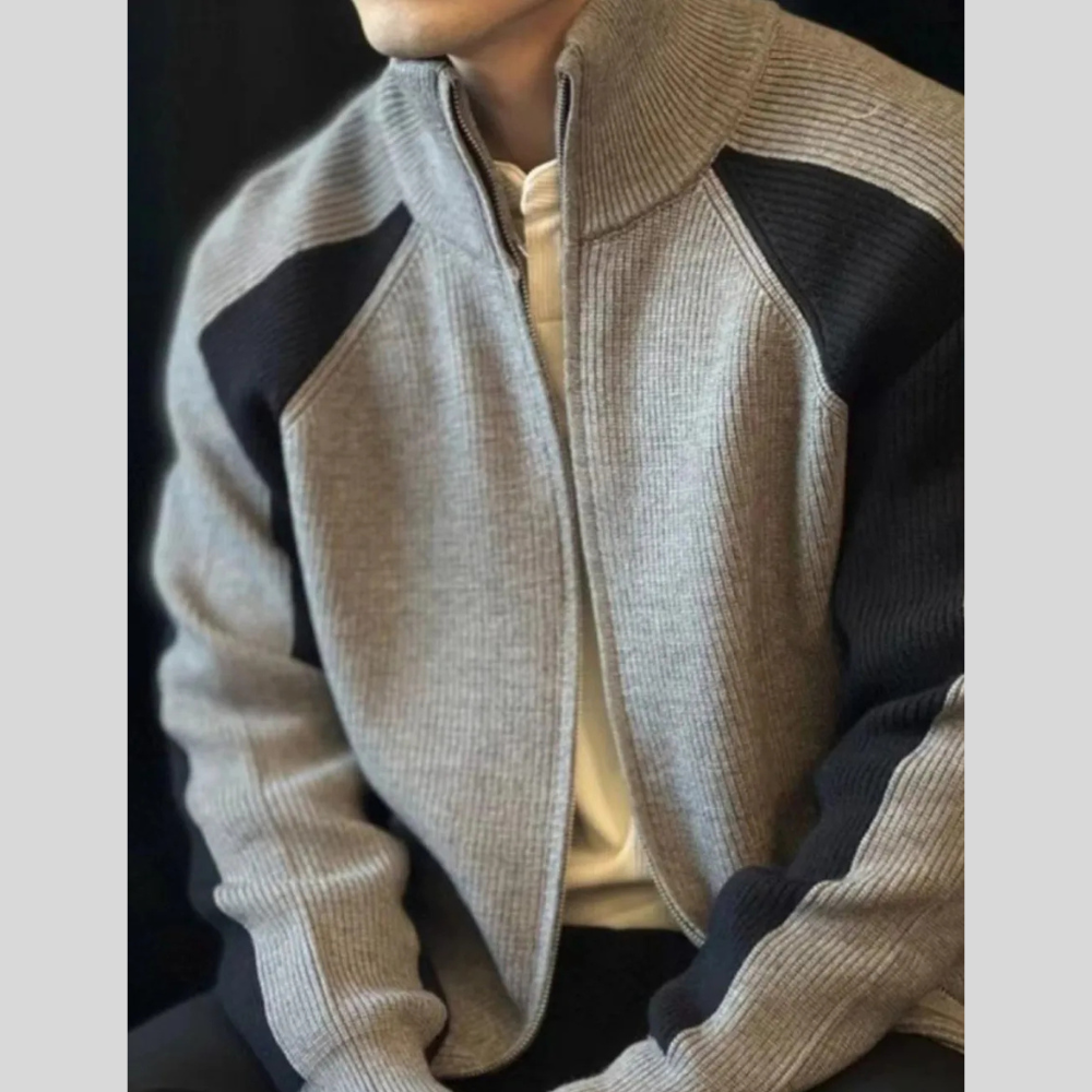 Men's Plus Size  Color Block Ribbed Knit Zip-Up Cardigan