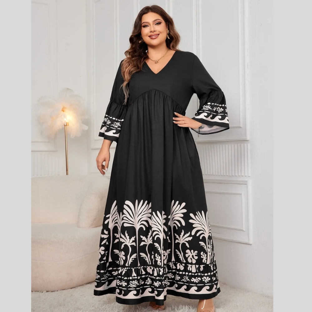 Honey Plus Size Printed V-Neck Long Sleeve Maxi Dress