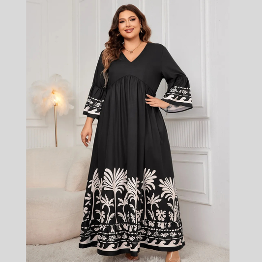 Honey Plus Size Printed V-Neck Long Sleeve Maxi Dress