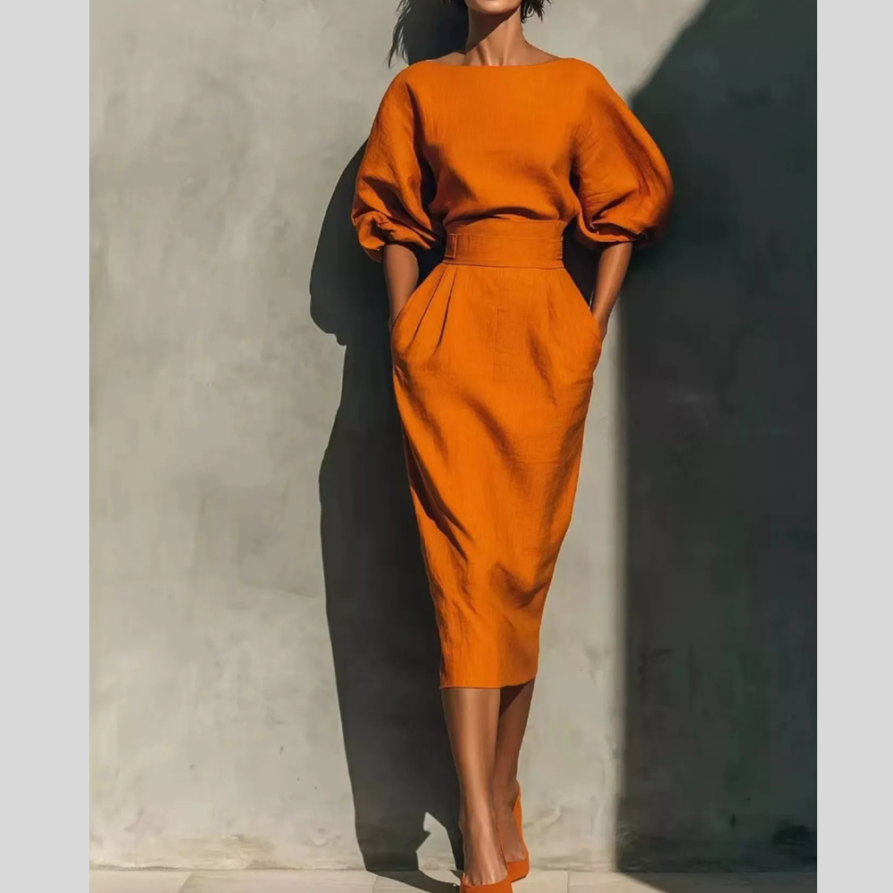 Full Size Round Neck Puff Sleeve Midi Dress Plus Size