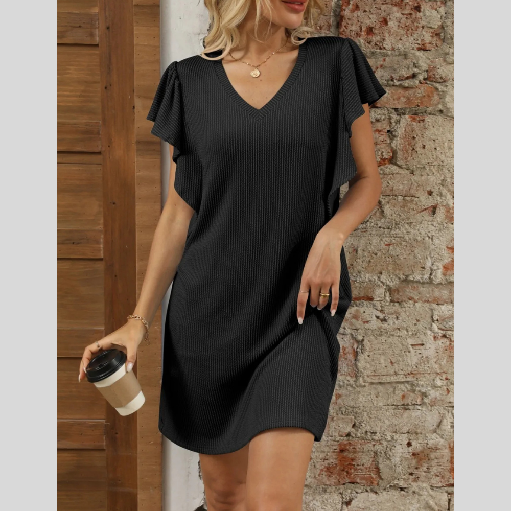 Soft Flow Ruffle Cap Sleeve V-Neck Dress