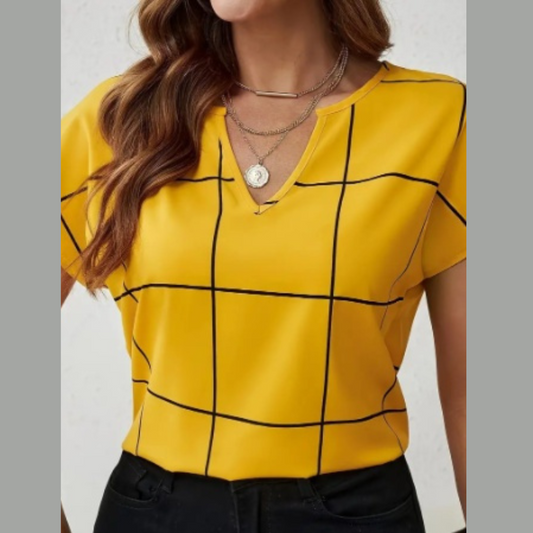 Plaid Print Notched Neck Blouse, Casual Short Sleeve Blouse For Spring & Summer, Women's Clothing