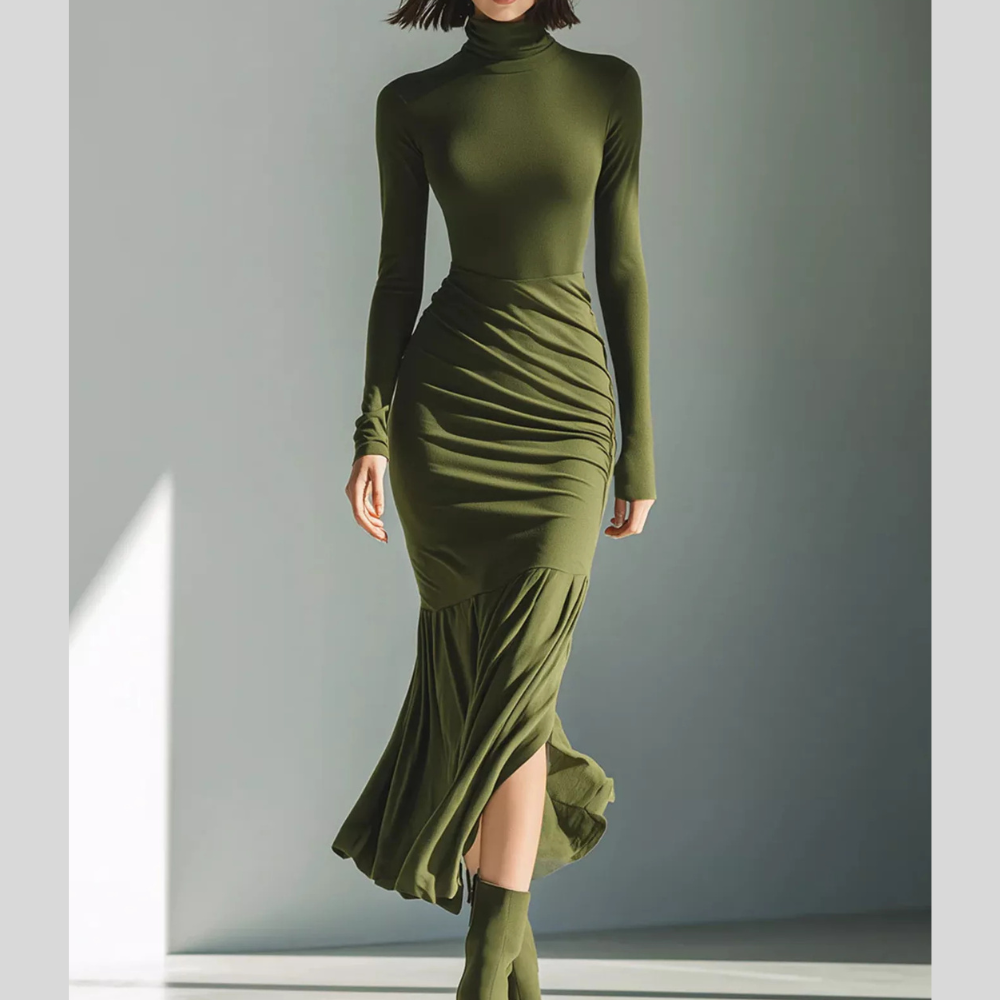 Full Size Slit Turtleneck Ruched Bodycon Mermaid Dress Plus Size