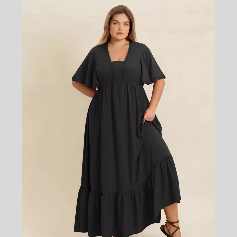 Plus Size Boho Ruffled Maxi Dress with Flutter Sleeves