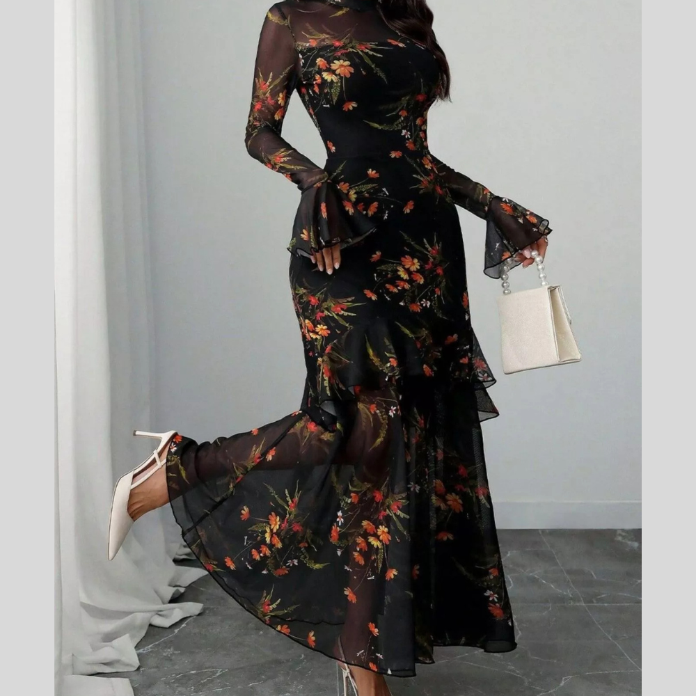 Floral Print Flounce Sleeve Mermaid Maxi Dress